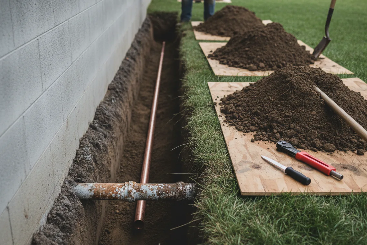 Excavated water line trench during Sewer Line Repair in Summerhill